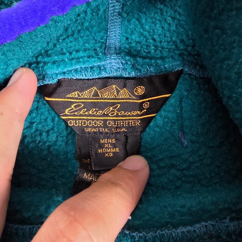 VTG Eddie Bauer Fleece Pullover Mens XL Teal Purple Funnel Neck Made in USA 90's